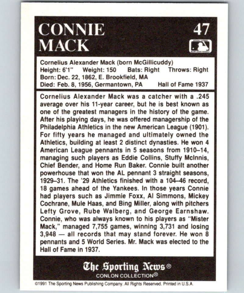 1991 Conlon Collection #47 Connie Mack HOF NM Philadelphia Athletics  Image 2