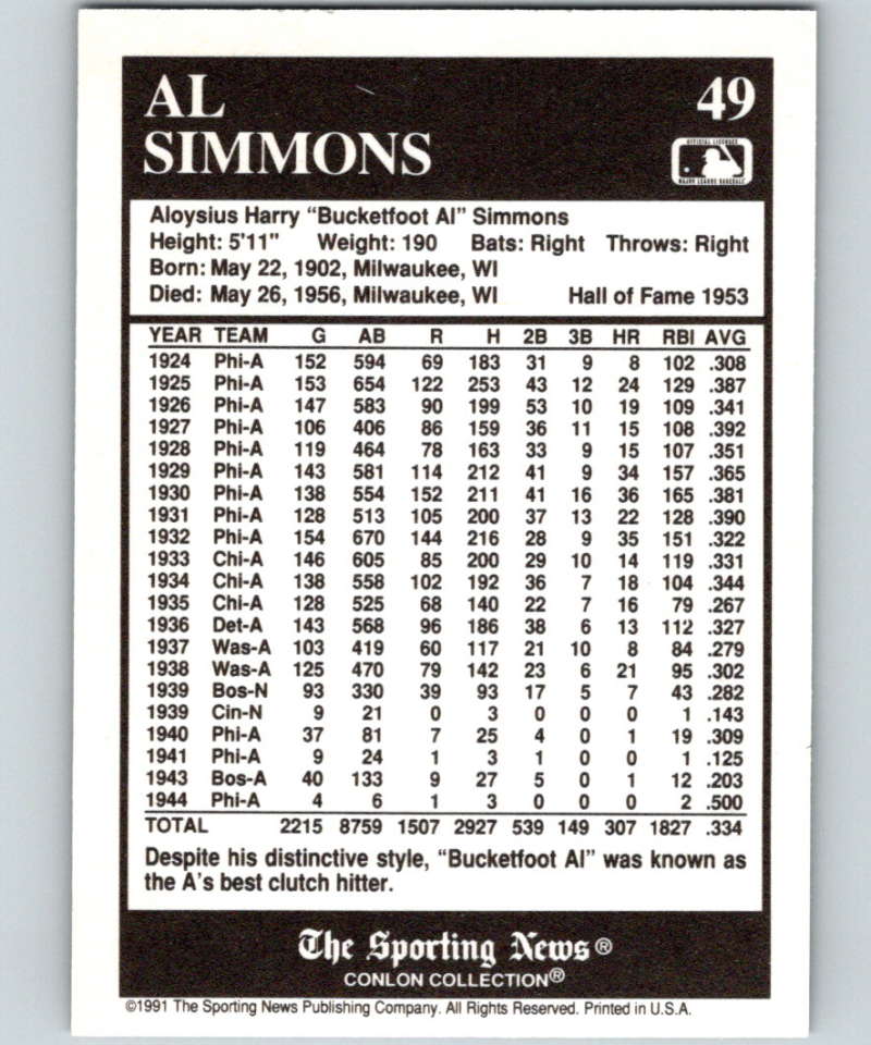 1991 Conlon Collection #49 Al Simmons HOF NM Philadelphia Athletics  Image 2