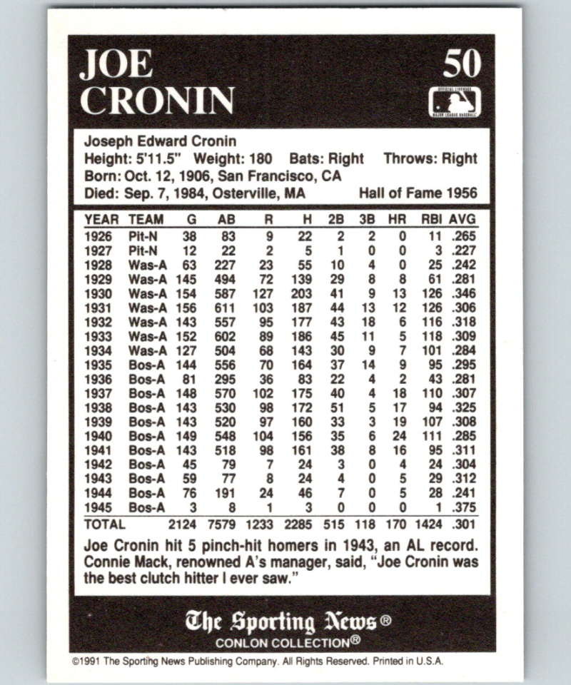 1991 Conlon Collection #50 Joe Cronin HOF NM Pittsburgh Pirates  Image 2