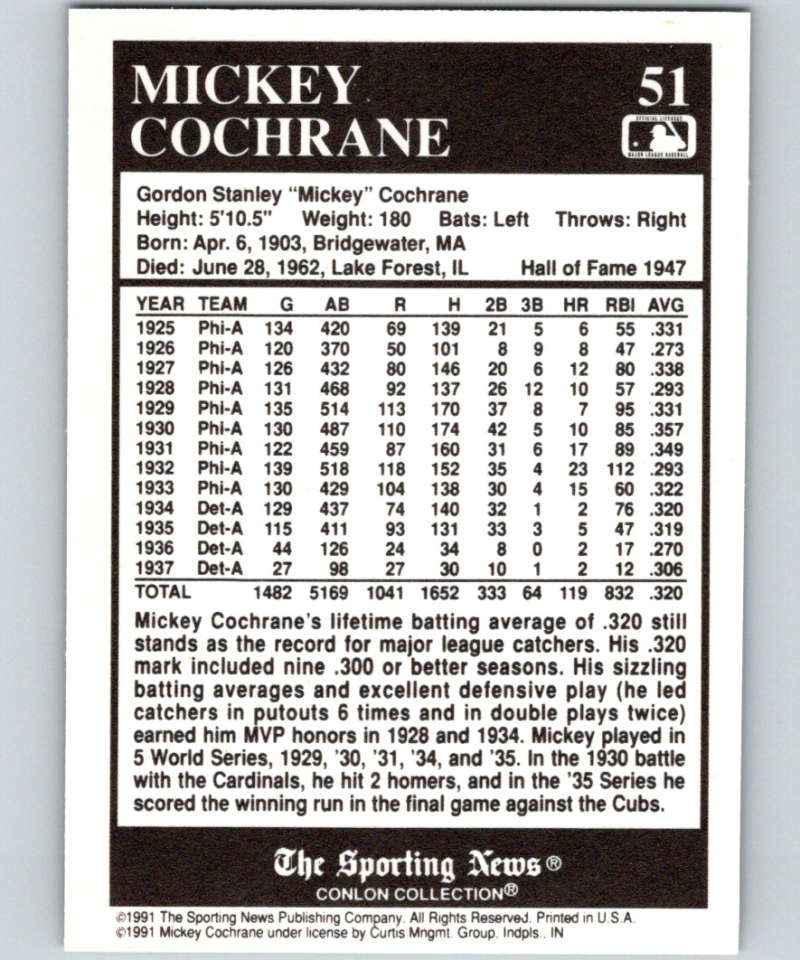 1991 Conlon Collection #51 Mickey Cochrane HOF NM Philadelphia Athletics