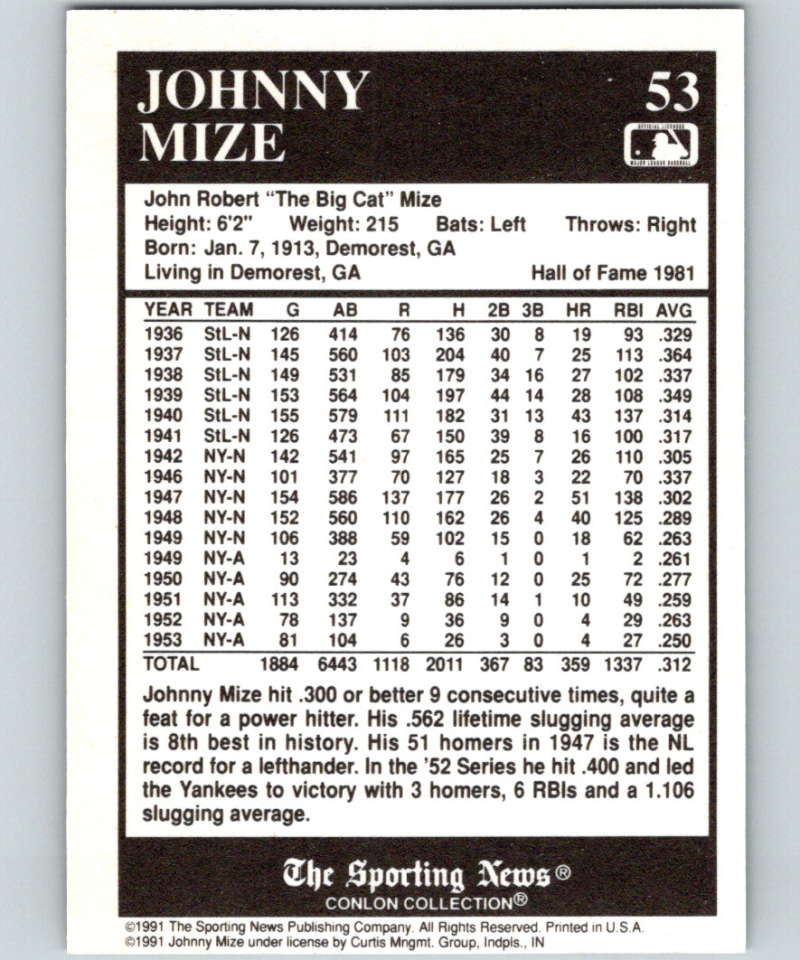 1991 Conlon Collection #53 Johnny Mize HOF NM St. Louis Cardinals Image 2