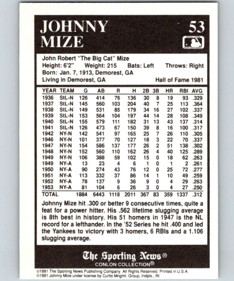1991 Conlon Collection #53 Johnny Mize HOF NM St. Louis Cardinals  Image 2