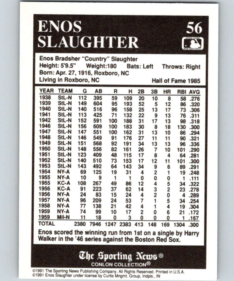 1991 Conlon Collection #56 Enos Slaughter HOF NM St. Louis Cardinals  Image 2