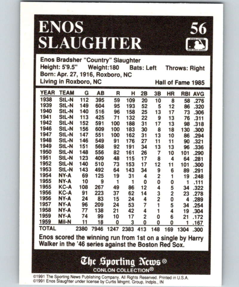 1991 Conlon Collection #56 Enos Slaughter HOF NM St. Louis Cardinals Image 2