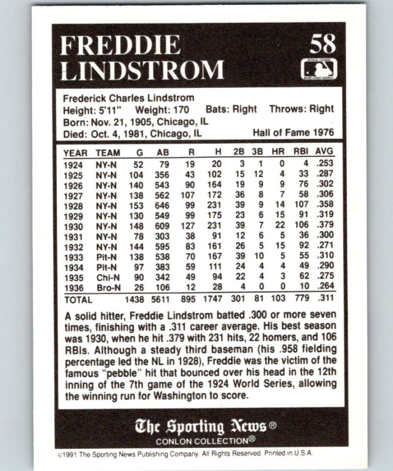 1991 Conlon Collection #58 Fred Lindstrom HOF NM New York Giants  Image 2