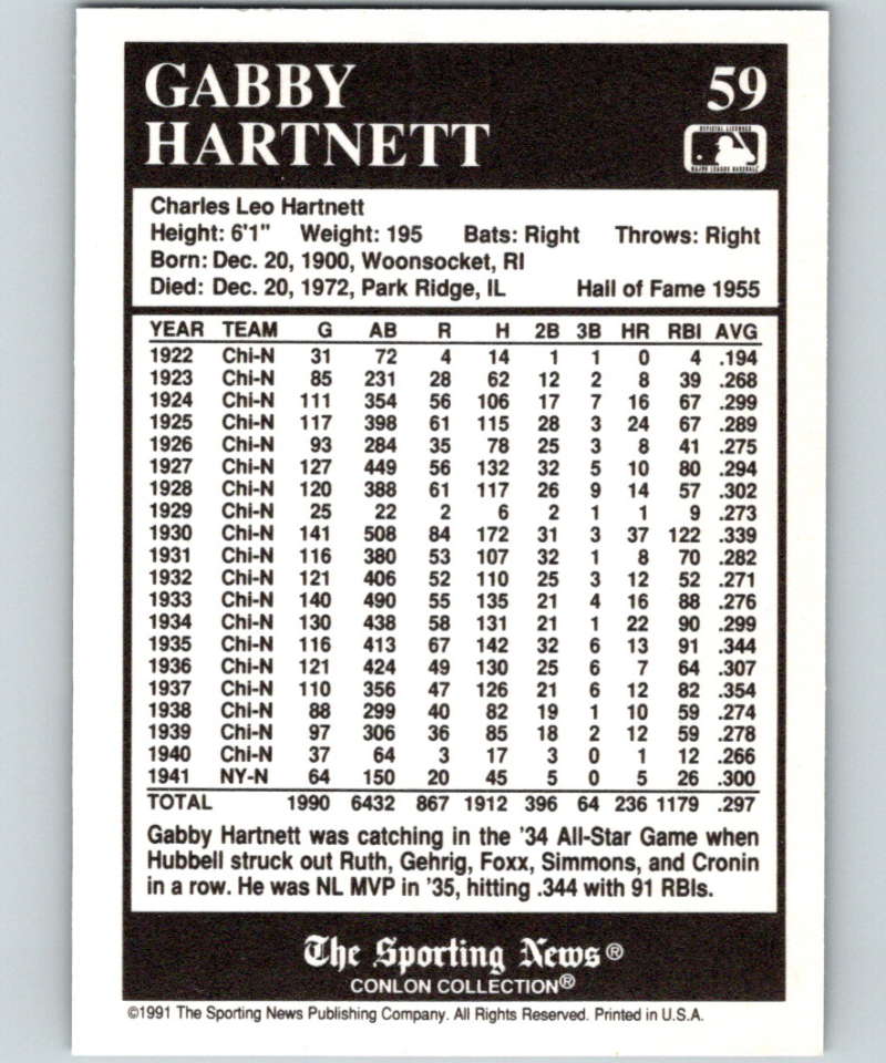 1991 Conlon Collection #59 Gabby Hartnett HOF NM Chicago Cubs Image 2