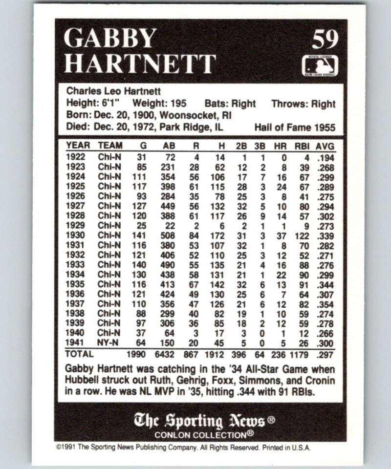 1991 Conlon Collection #59 Gabby Hartnett HOF NM Chicago Cubs  Image 2