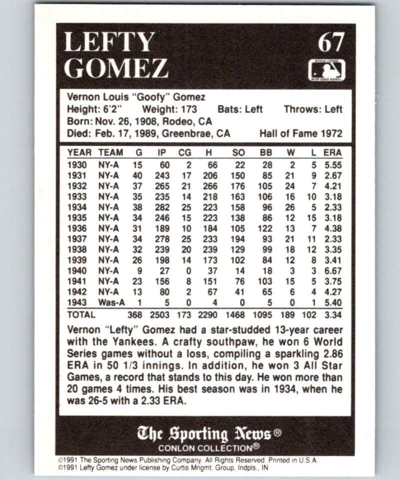 1991 Conlon Collection #67 Lefty Gomez HOF NM New York Yankees  Image 2