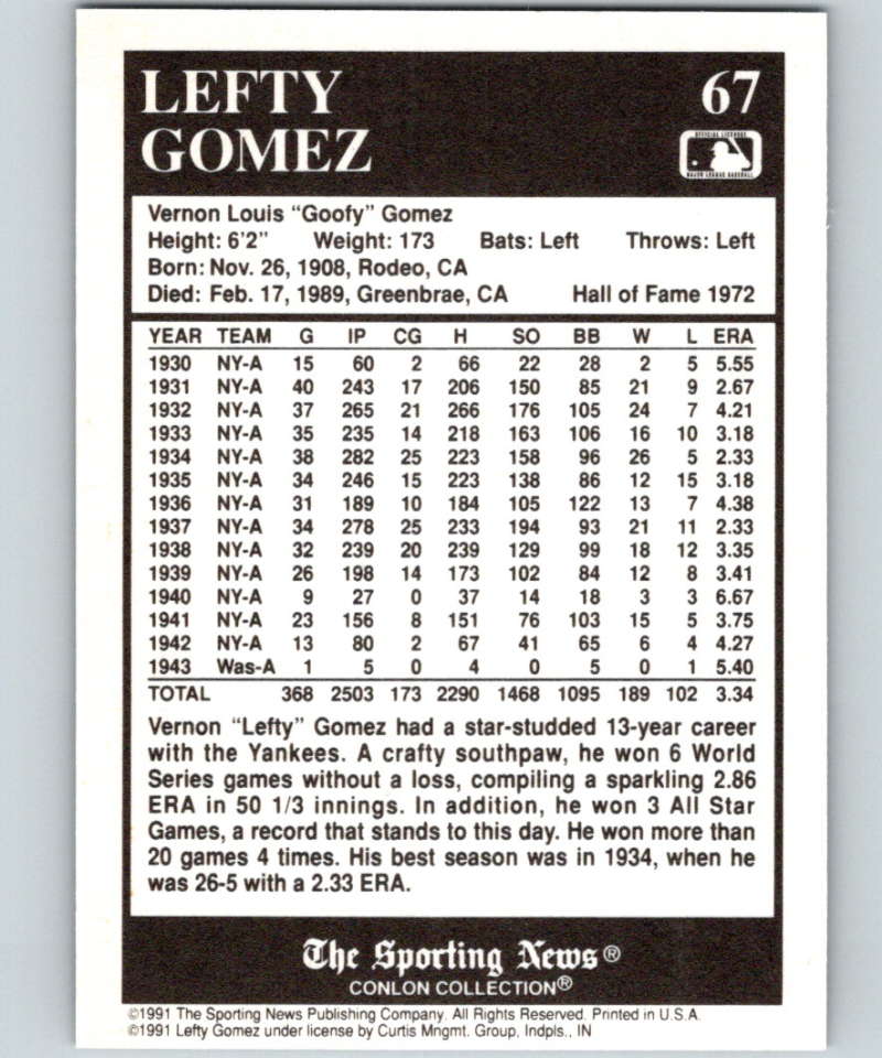 1991 Conlon Collection #67 Lefty Gomez HOF NM New York Yankees Image 2