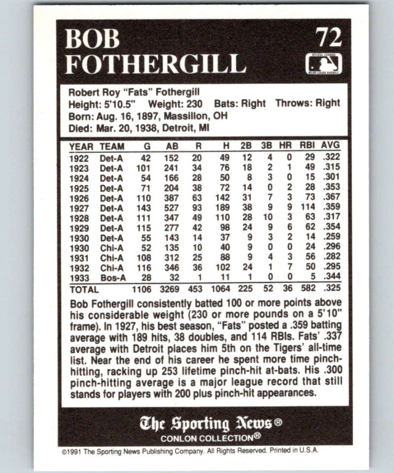 1991 Conlon Collection #72 Bob Fothergill NM Detroit Tigers  Image 2