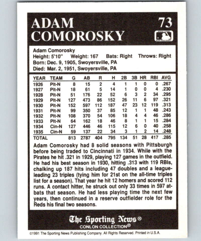 1991 Conlon Collection #73 Adam Comorosky NM Cincinnati Reds  Image 2