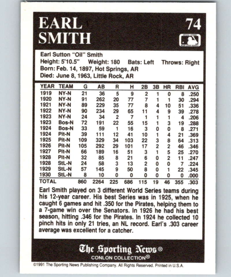 1991 Conlon Collection #74 Earl Smith NM Pittsburgh Pirates  Image 2