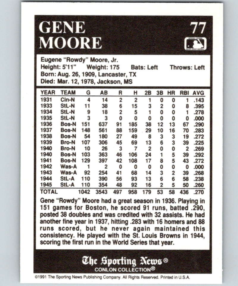 1991 Conlon Collection #77 Gene Moore NM Boston Braves Image 2