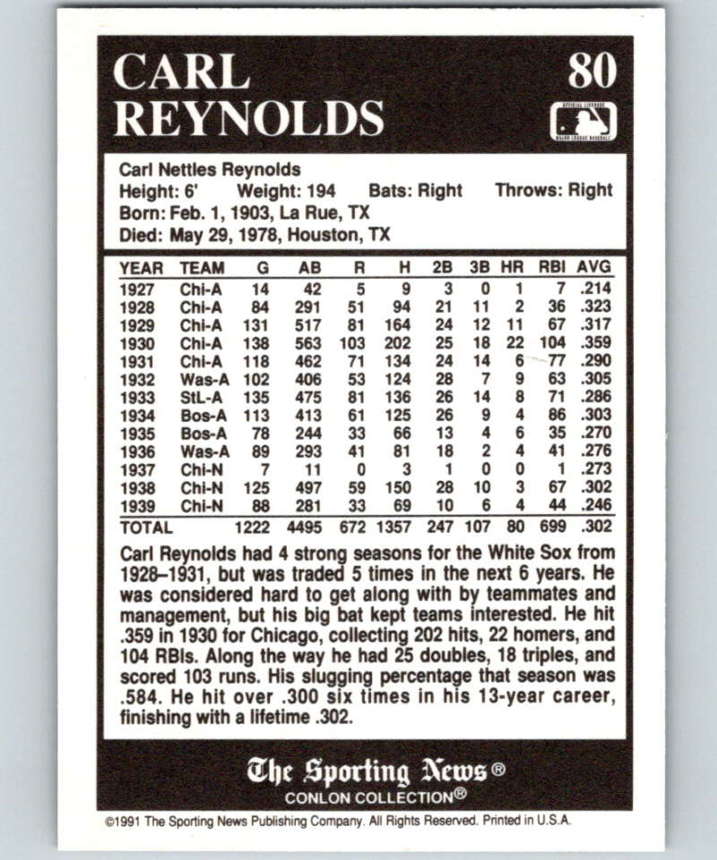 1991 Conlon Collection #80 Carl Reynolds NM Chicago White Sox  Image 2