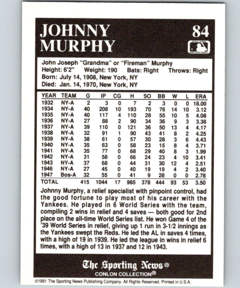1991 Conlon Collection #84 Johnny Murphy NM New York Yankees  Image 2