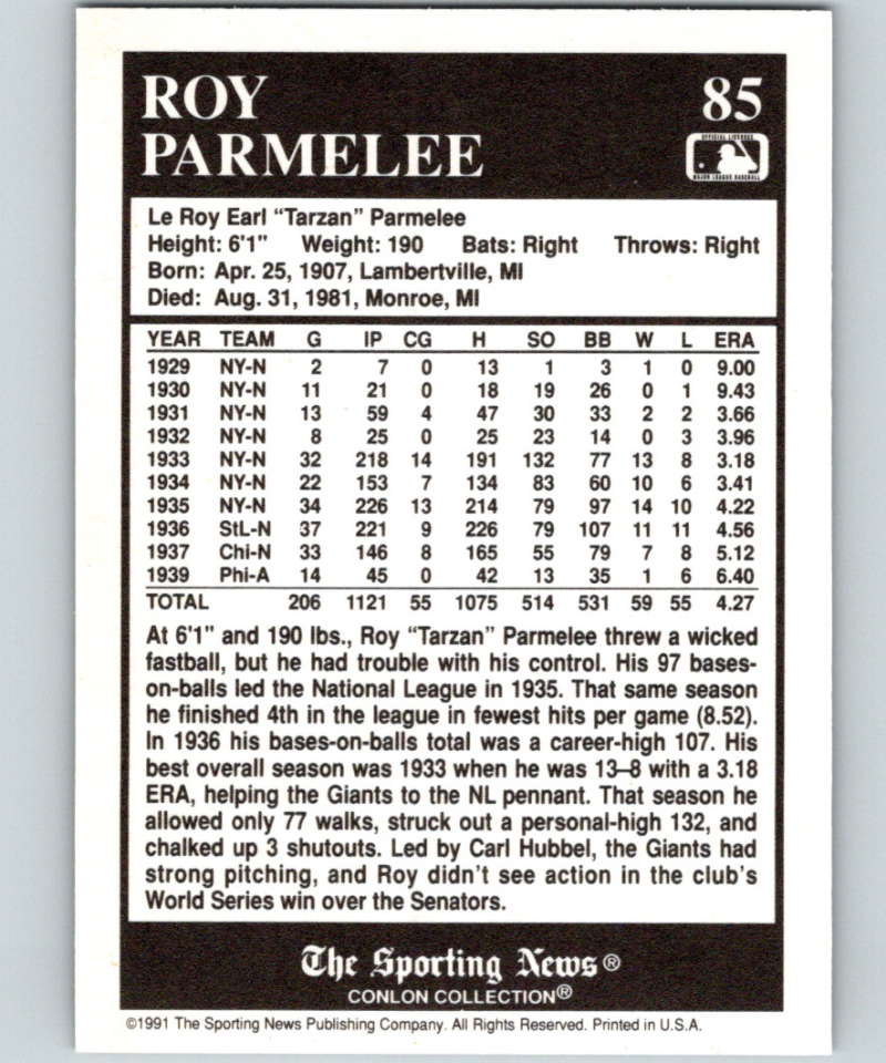 1991 Conlon Collection #85 Roy Parmelee NM St. Louis Cardinals Image 2