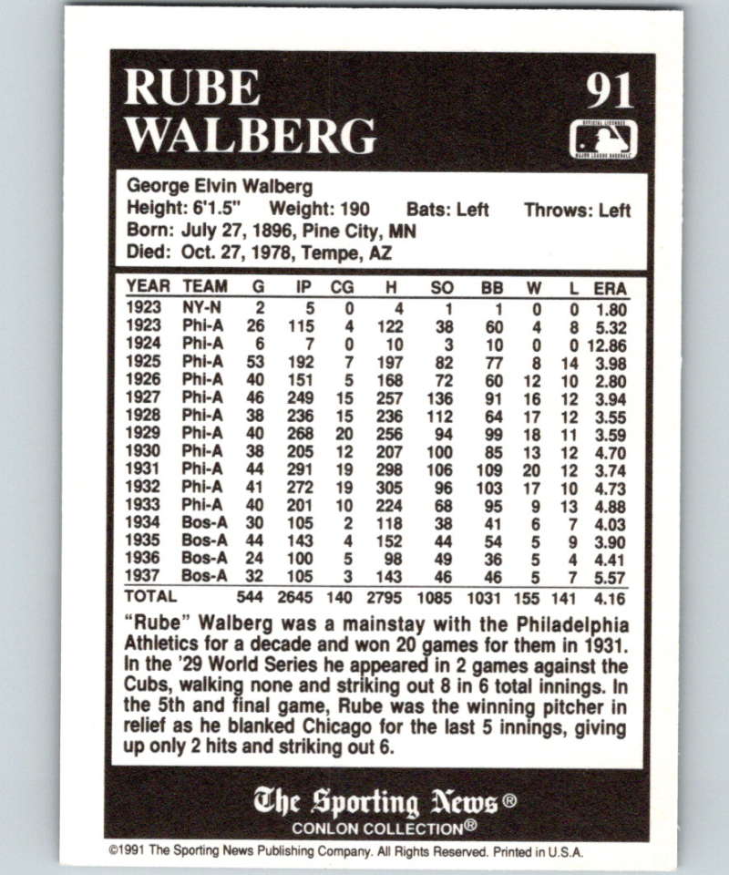 1991 Conlon Collection #91 Rube Walberg NM Philadelphia Athletics Image 2