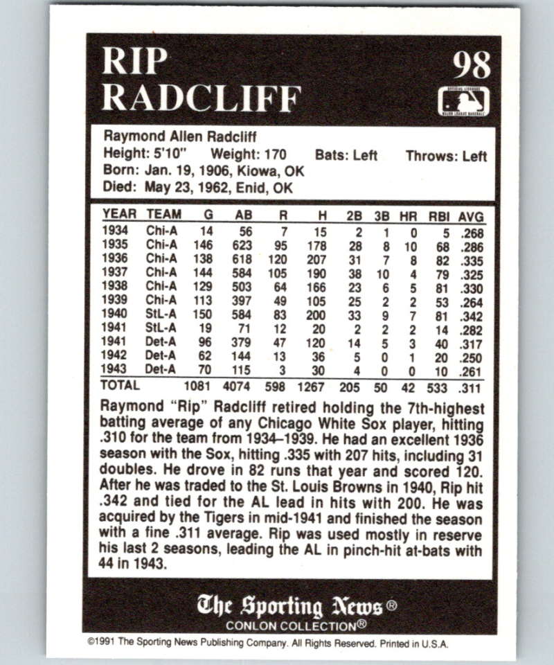 1991 Conlon Collection #98 Rip Radcliff NM Chicago White Sox  Image 2