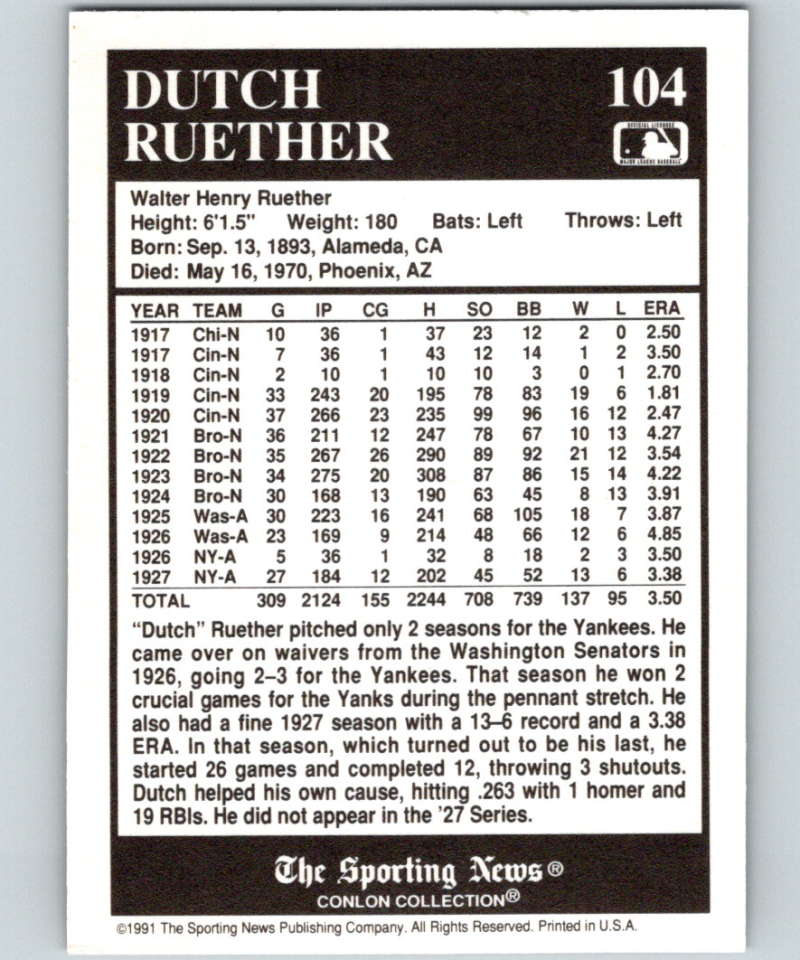1991 Conlon Collection #104 Dutch Ruether NM New York Yankees  Image 2