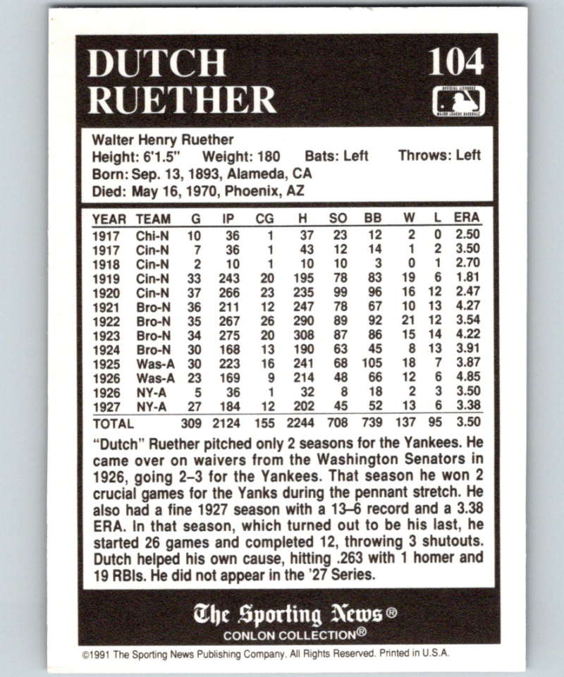 1991 Conlon Collection #104 Dutch Ruether NM New York Yankees Image 2