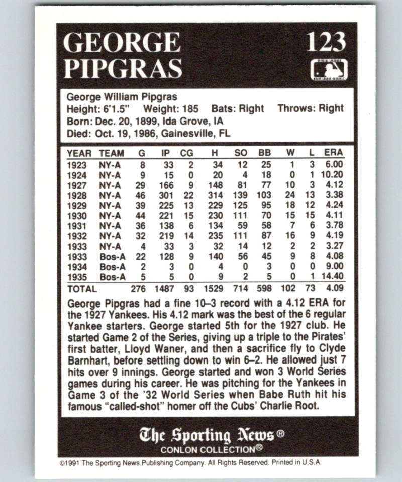1991 Conlon Collection #123 George Pipgras NM New York Yankees Image 2