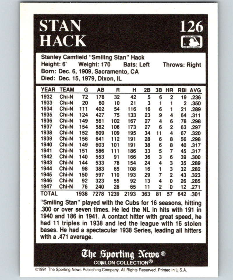 1991 Conlon Collection #126 Stan Hack NM Chicago Cubs Image 2