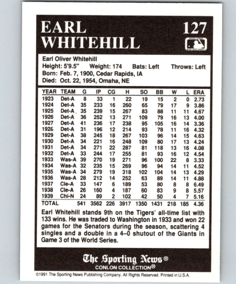 1991 Conlon Collection #127 Earl Whitehill NM Detroit Tigers  Image 2