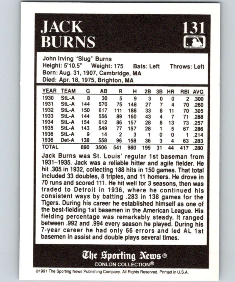 1991 Conlon Collection #131 Jack Burns NM St. Louis Browns Image 2