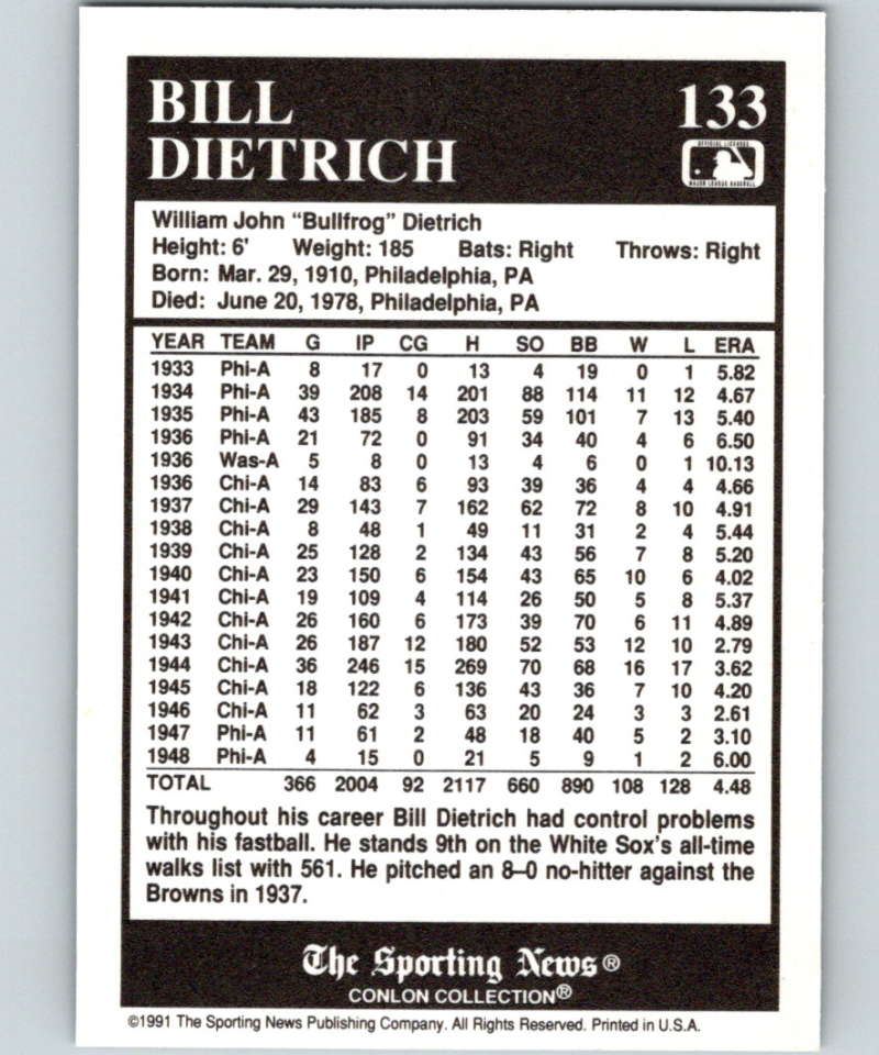 1991 Conlon Collection #133 Bill Dietrich NM Chicago White Sox  Image 2