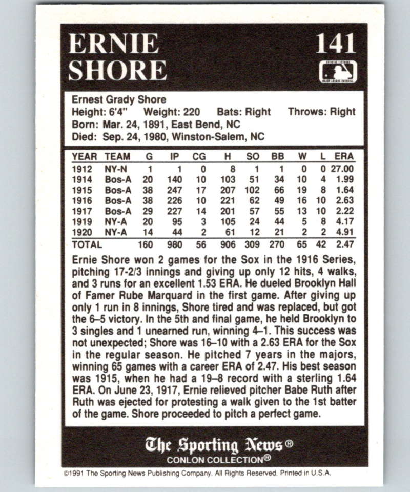 1991 Conlon Collection #141 Ernie Shore NM Boston Red Sox  Image 2