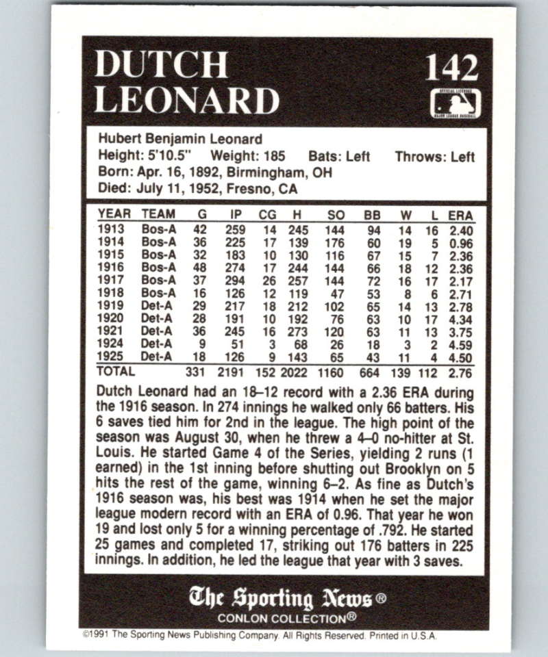 1991 Conlon Collection #142 Dutch Leonard NM Boston Red Sox Image 2