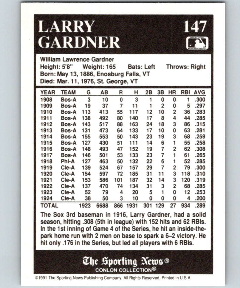 1991 Conlon Collection #147 Larry Gardner NM Boston Red Sox  Image 2