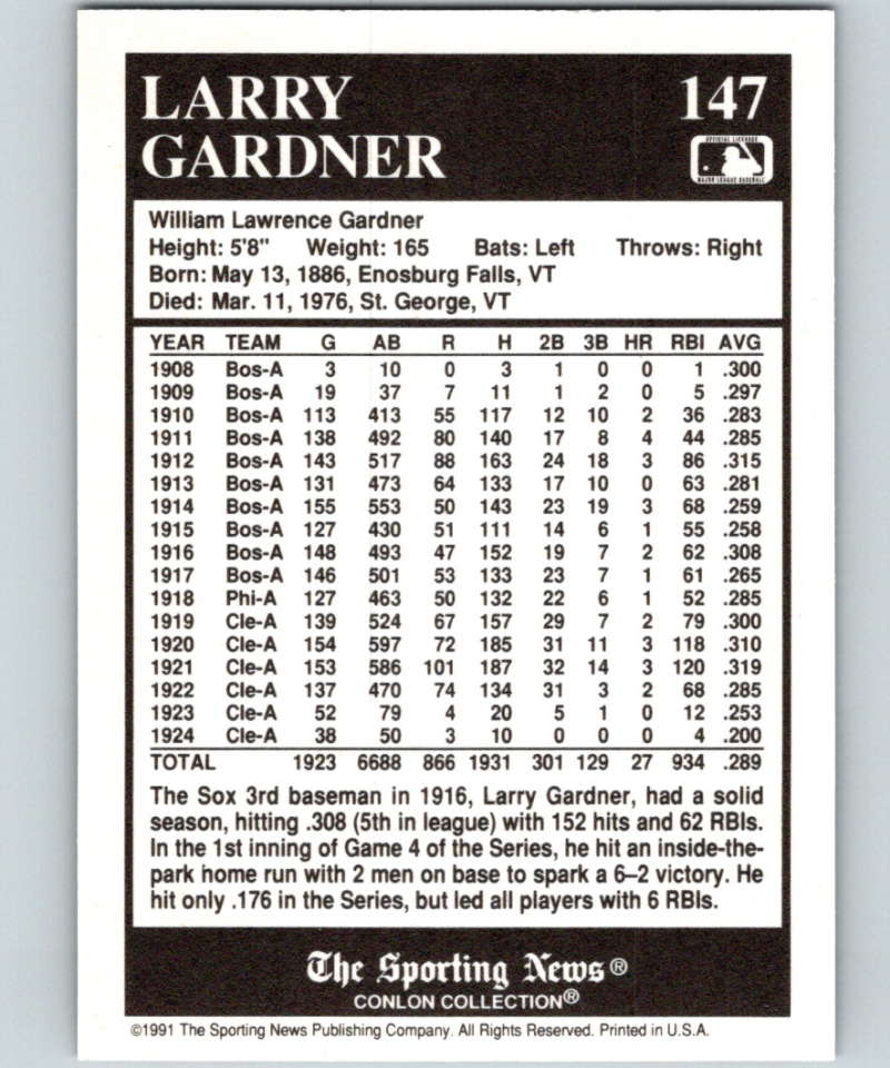 1991 Conlon Collection #147 Larry Gardner NM Boston Red Sox Image 2