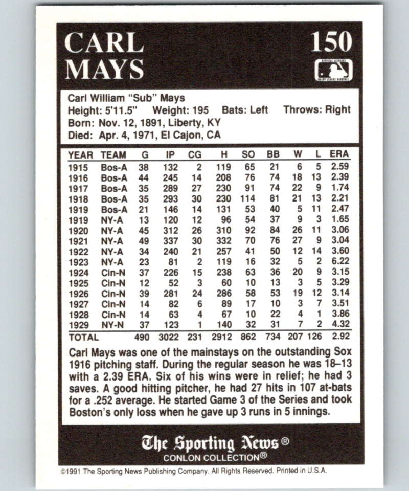 1991 Conlon Collection #150 Carl Mays NM Boston Red Sox  Image 2