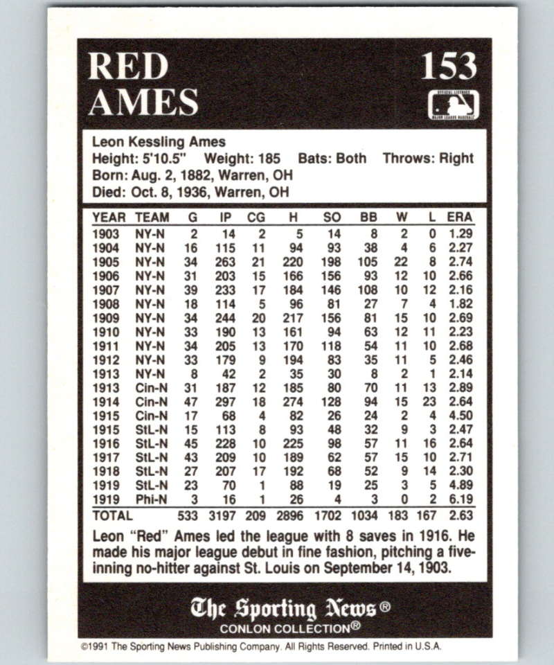 1991 Conlon Collection #153 Red Ames LL NM St. Louis Cardinals Image 2