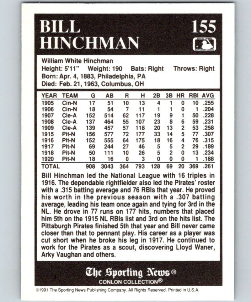 1991 Conlon Collection #155 Bill Hinchman LL NM Pittsburgh Pirates  Image 2