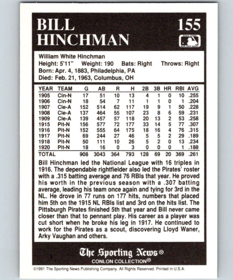 1991 Conlon Collection #155 Bill Hinchman LL NM Pittsburgh Pirates Image 2
