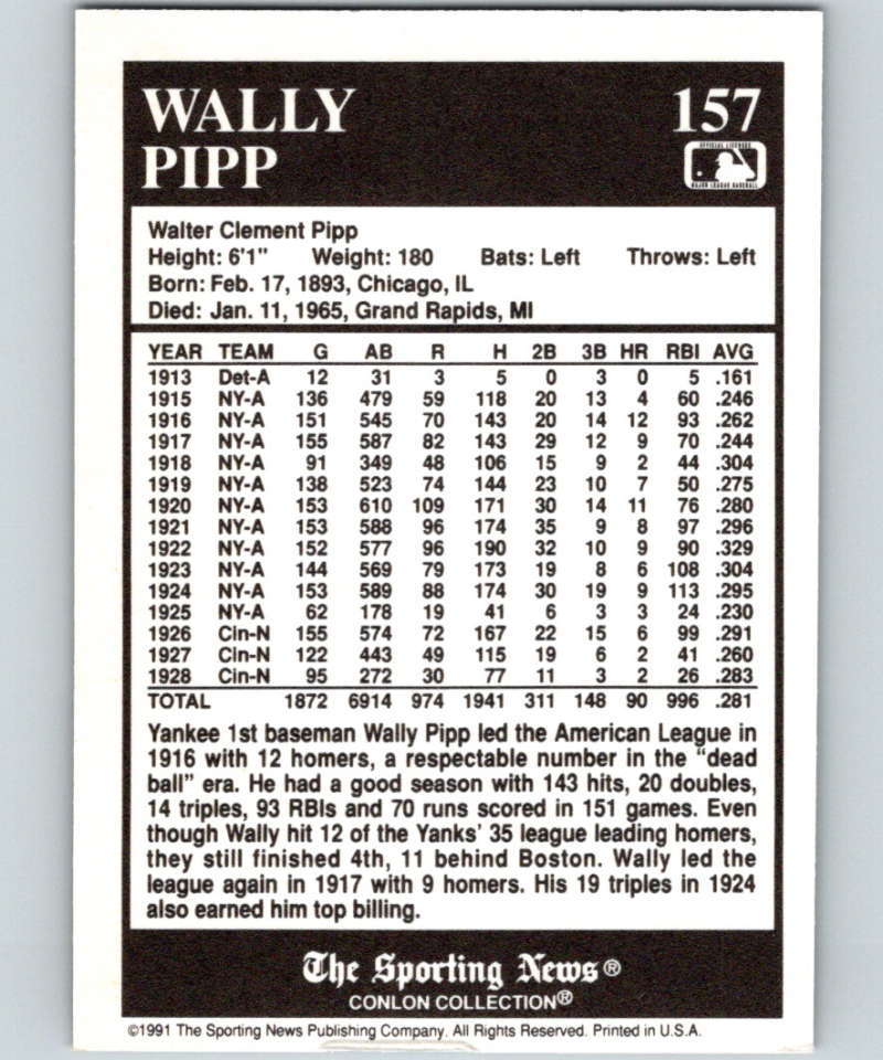 1991 Conlon Collection #157 Wally Pipp LL NM New York Yankees Image 2
