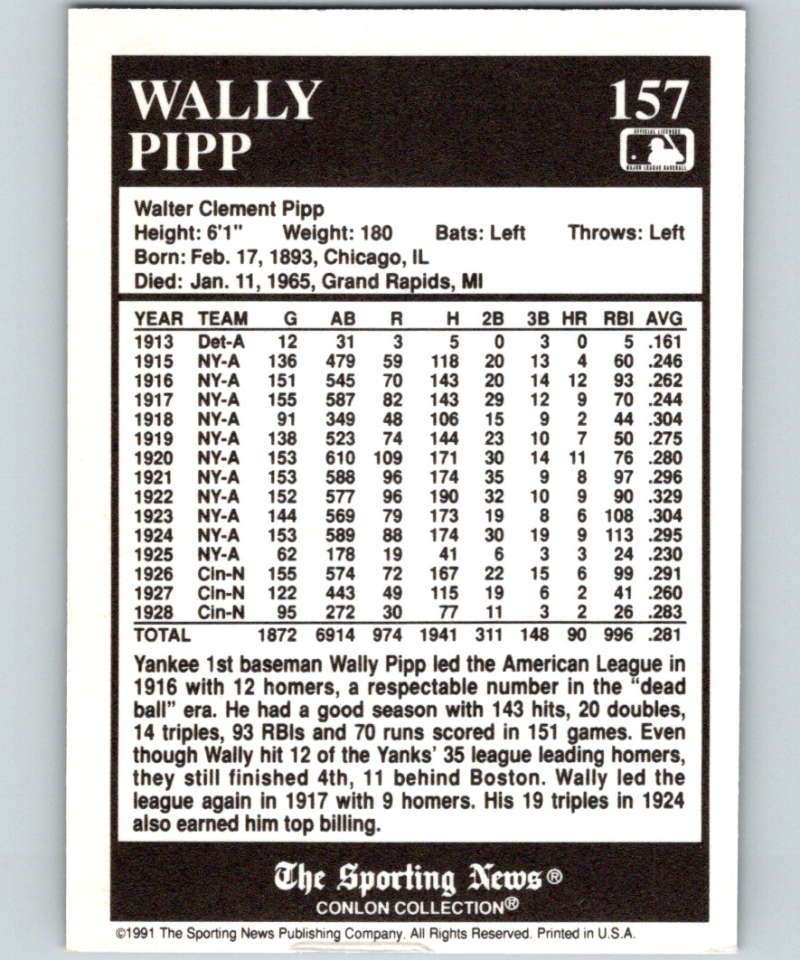 1991 Conlon Collection #157 Wally Pipp LL NM New York Yankees  Image 2