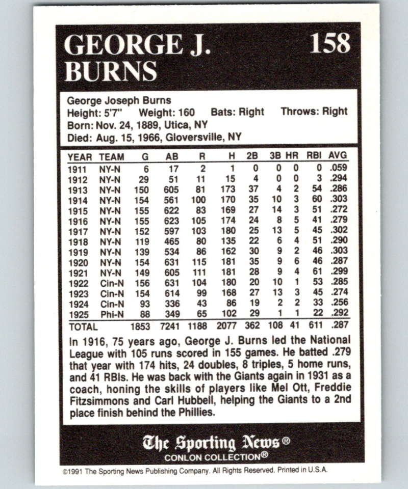 1991 Conlon Collection #158 George Burns LL NM New York Giants  Image 2