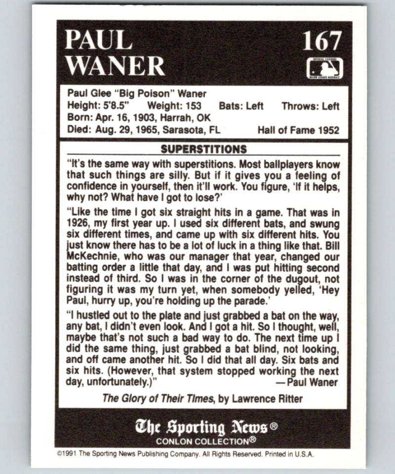 1991 Conlon Collection #167 Paul Waner ST NM Pittsburgh Pirates Image 2