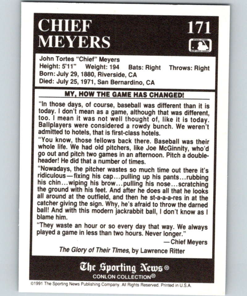 1991 Conlon Collection #171 Chief Meyers ST NM New York Giants Image 2