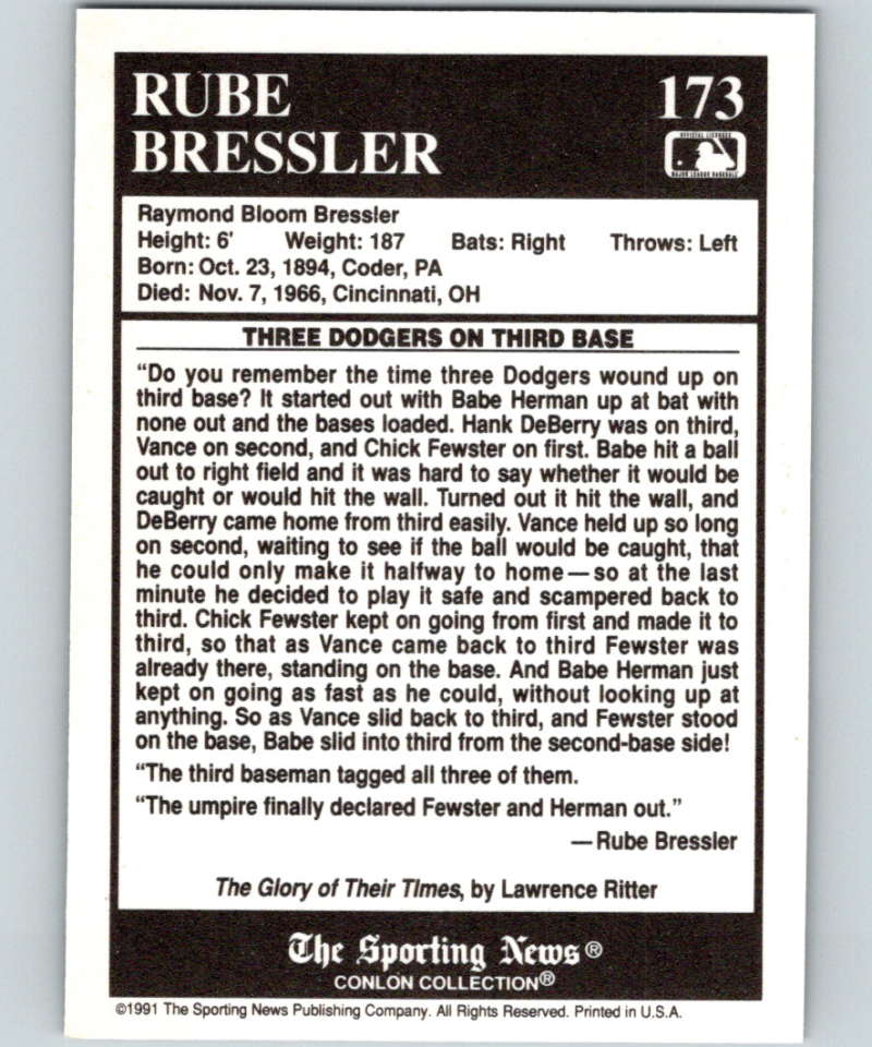 1991 Conlon Collection #173 Rube Bressler ST NM Cincinnati Reds Image 2