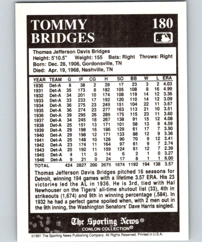 1991 Conlon Collection #180 Tommy Bridges NM Detroit Tigers Image 2