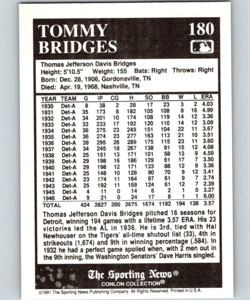 1991 Conlon Collection #180 Tommy Bridges NM Detroit Tigers  Image 2