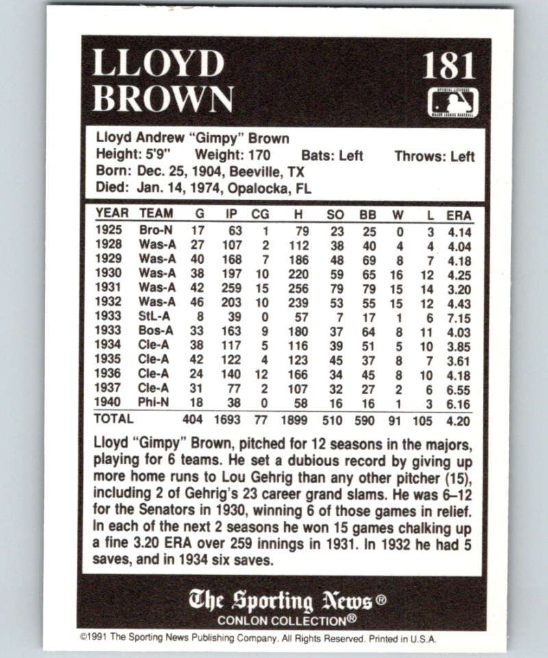 1991 Conlon Collection #181 Lloyd Brown NM Cleveland Indians  Image 2