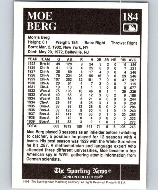 1991 Conlon Collection #184 Moe Berg NM Boston Red Sox