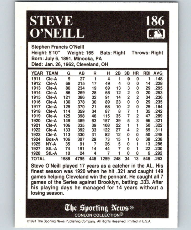 1991 Conlon Collection #186 Steve O'Neill NM New York Yankees Image 2