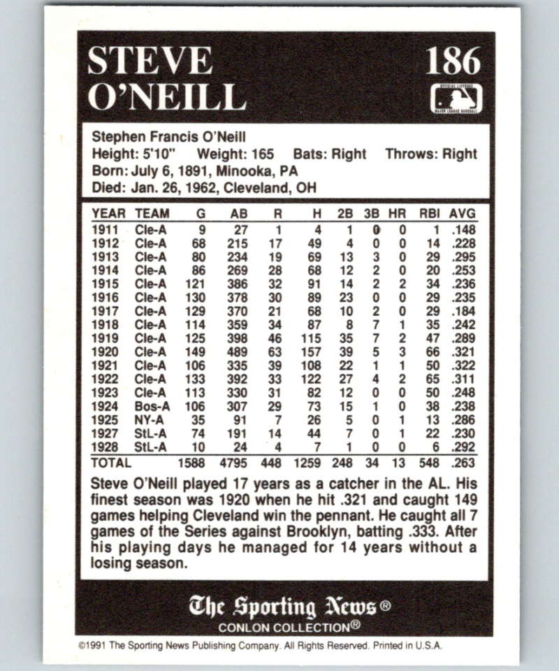 1991 Conlon Collection #186 Steve O'Neill NM New York Yankees  Image 2