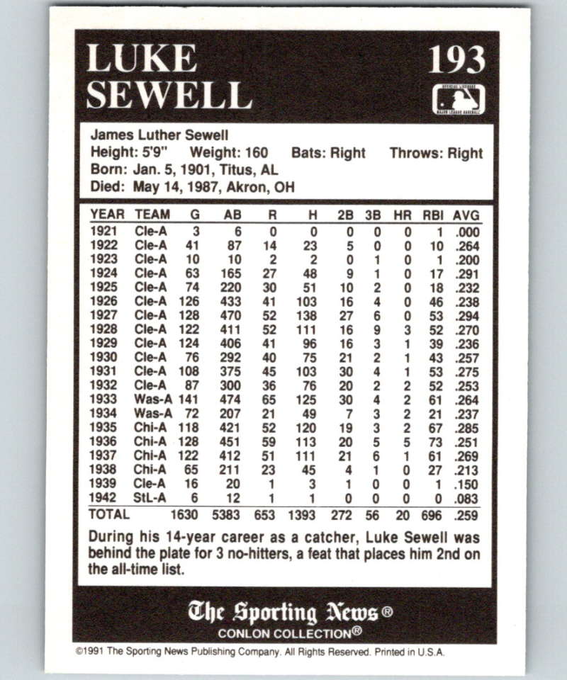 1991 Conlon Collection #193 Luke Sewell NM Cleveland Indians  Image 2